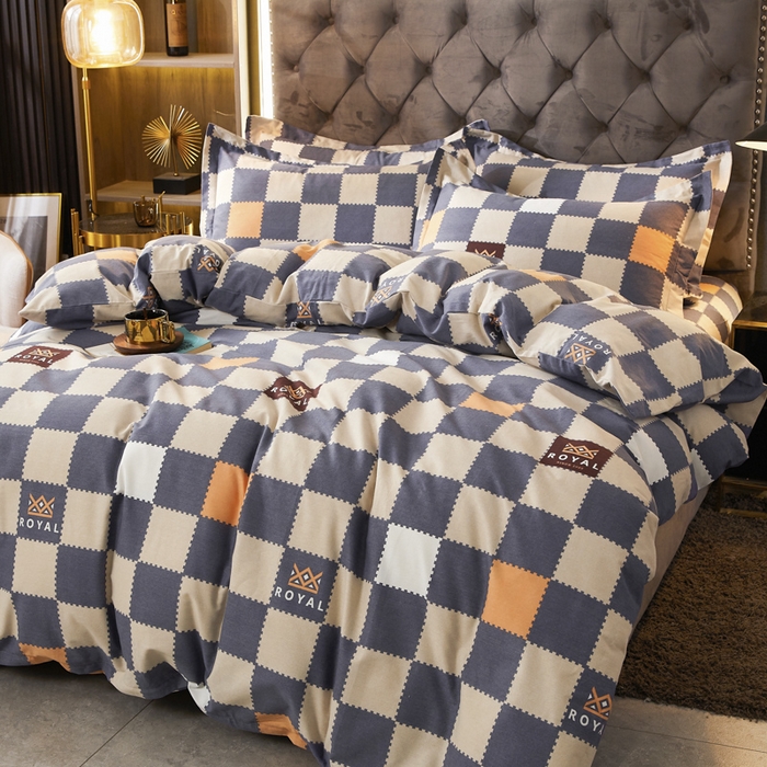 91家纺网 家纺一手货源 找家纺 伊而梦 2023新款全棉磨毛印花四件套系列四件套 格子元素-灰