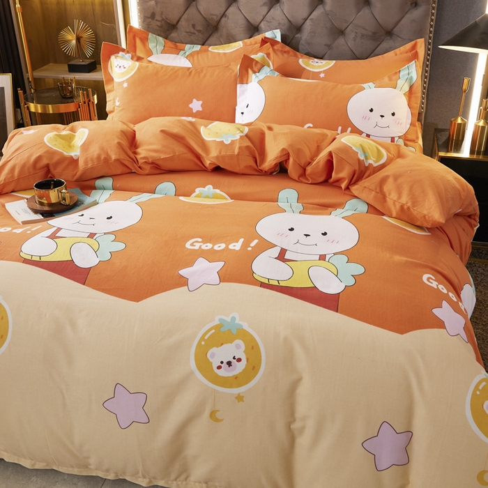 91家纺网 家纺一手货源 找家纺 伊而梦 2023新款全棉磨毛印花四件套系列四件套 兔子家族-桔