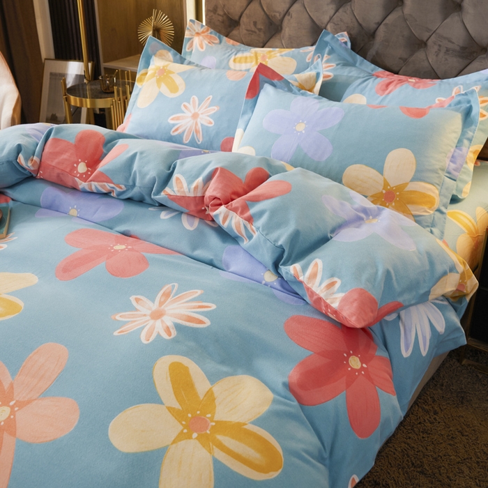 91家纺网 家纺一手货源 找家纺 伊而梦 2023新款全棉磨毛印花四件套系列四件套 花语时光-蓝