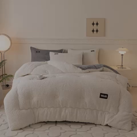 91家纺网 家纺一手货源 找家纺 荔禾家居 2023新款羊羔绒贝贝绒贴标保暖冬被被子被芯 奶白
