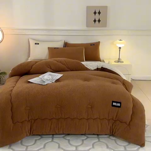 91家纺网 家纺一手货源 找家纺 荔禾家居 2023新款羊羔绒贝贝绒贴标保暖冬被被子被芯 卡其