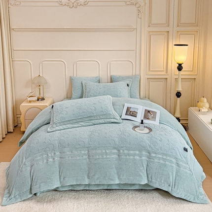 品家居 2025新款5D雕花牛奶绒绣花大拼角四件套-岁月静好 蓝色
