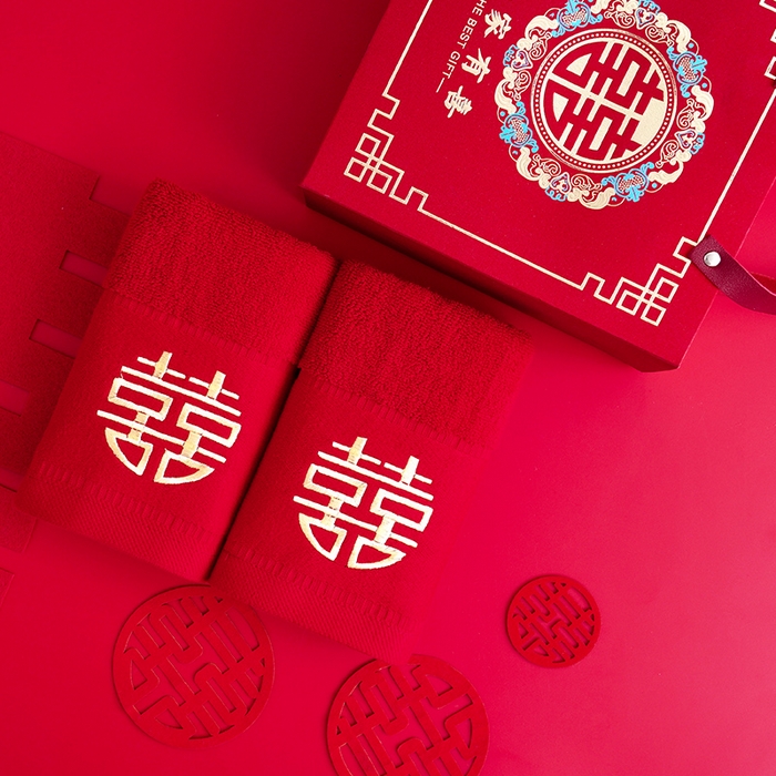 91家纺网 家纺一手货源 找家纺 朴尔家纺-毛巾被 2023新款纯棉红色系喜庆婚庆伴手礼新婚回礼绣花毛巾礼盒装 喜上心头
