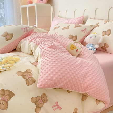 麦伦家居 2023秋冬新品多功能床品全棉+豆豆绒四件套卡通小清新系列 饼干小熊粉