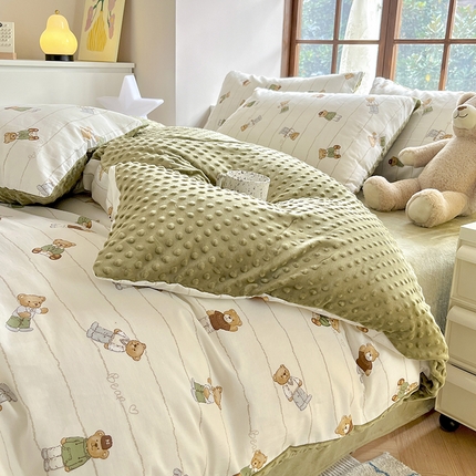 麦伦家居 2023秋冬新品多功能床品全棉+豆豆绒四件套卡通小清新系列 绅士熊