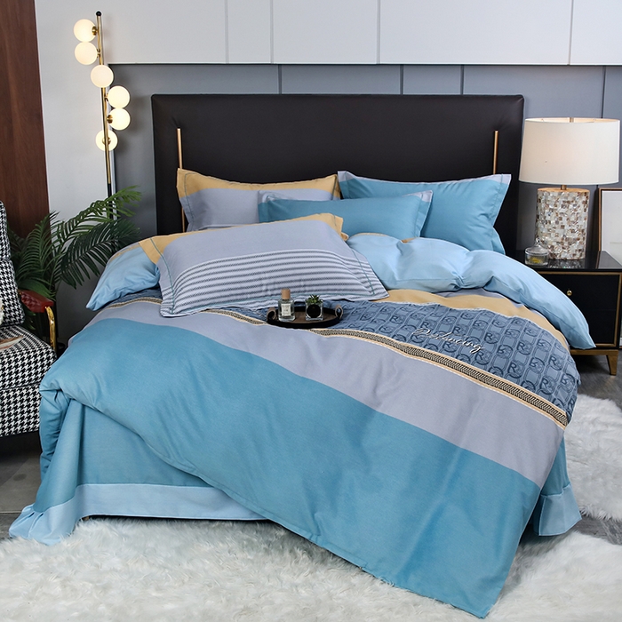 91家纺网 家纺一手货源 找家纺 金纱玉纺家纺 2023新款纯棉加厚AB版四件套 铂金时代-蓝