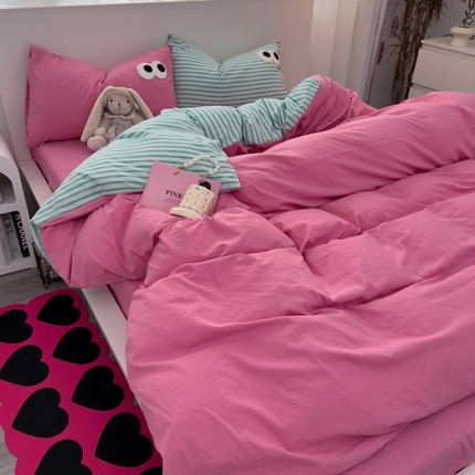 91家纺网 家纺一手货源 找家纺 （总）奈颜 2023新款爆款水洗棉多巴胺混搭大眼毛巾绣四件套--条纹大眼（手机实拍图）