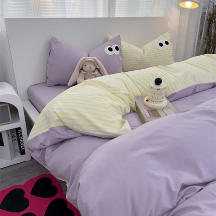 91家纺网 家纺一手货源 找家纺 （总）奈颜 2023新款爆款水洗棉多巴胺混搭大眼毛巾绣四件套--条纹大眼（手机实拍图）