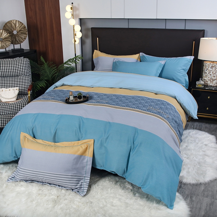 91家纺网 家纺一手货源 找家纺 金纱玉纺家纺 2023新款纯棉加厚AB版四件套 铂金时代-蓝