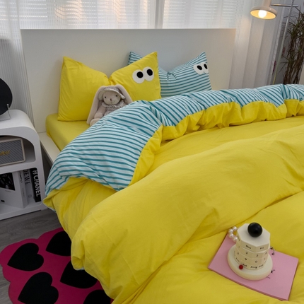 91家纺网 家纺一手货源 找家纺 奈颜 2023新款爆款水洗棉多巴胺混搭大眼毛巾绣四件套--条纹大眼（手机实拍图） 柠檬黄+条纹蓝