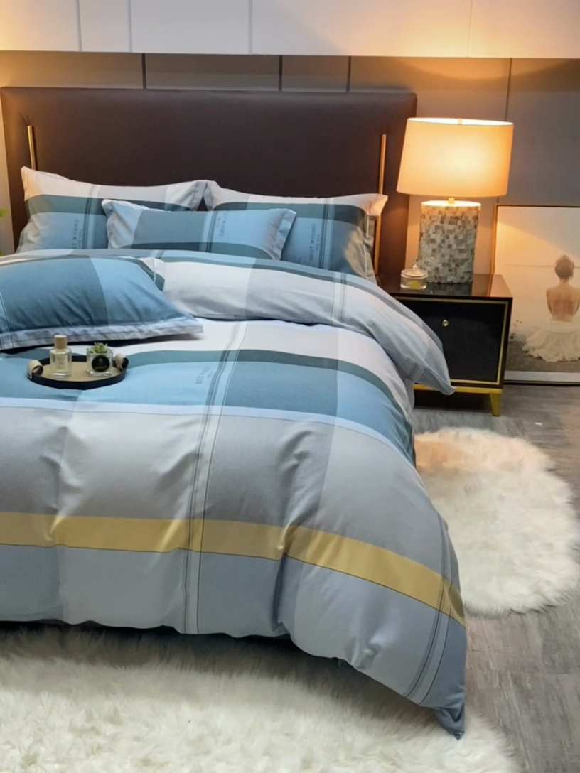 91家纺网 家纺一手货源 找家纺 金纱玉纺家纺 2023新款纯棉加厚AB版四件套 卡姿-蓝