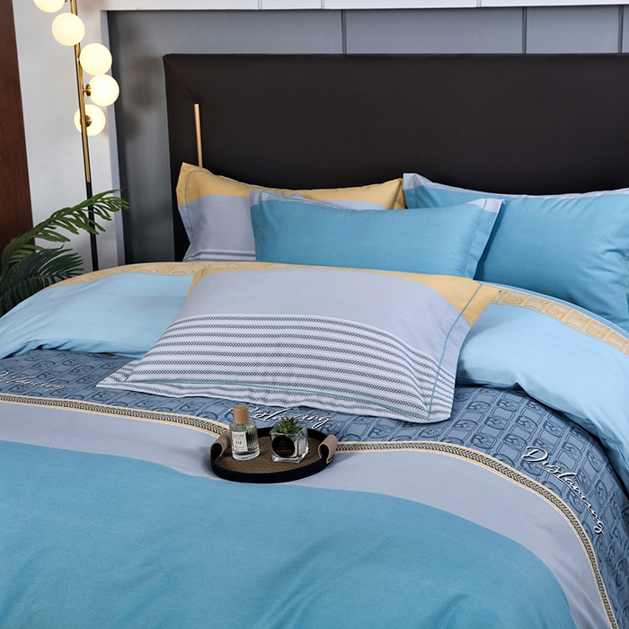 91家纺网 家纺一手货源 找家纺 金纱玉纺家纺 2023新款纯棉加厚AB版四件套 铂金时代-蓝