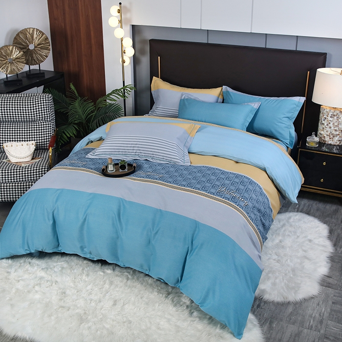 91家纺网 家纺一手货源 找家纺 金纱玉纺家纺 2023新款纯棉加厚AB版四件套 铂金时代-蓝