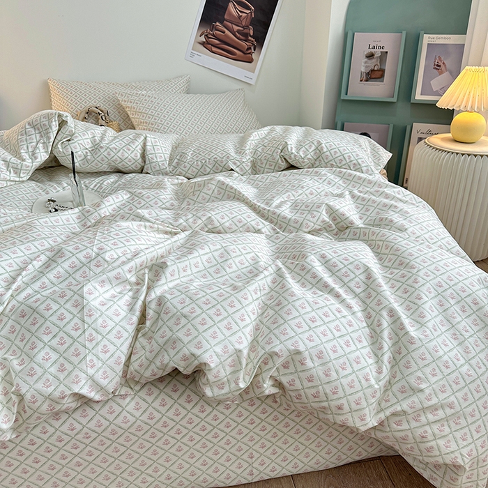 91家纺网 家纺一手货源 找家纺 一米阳光 2023新款13372小清新纯棉四件套 花露红