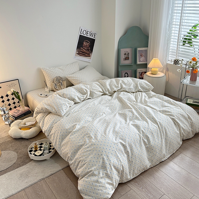 91家纺网 家纺一手货源 找家纺 一米阳光 2023新款13372小清新纯棉四件套 花露蓝