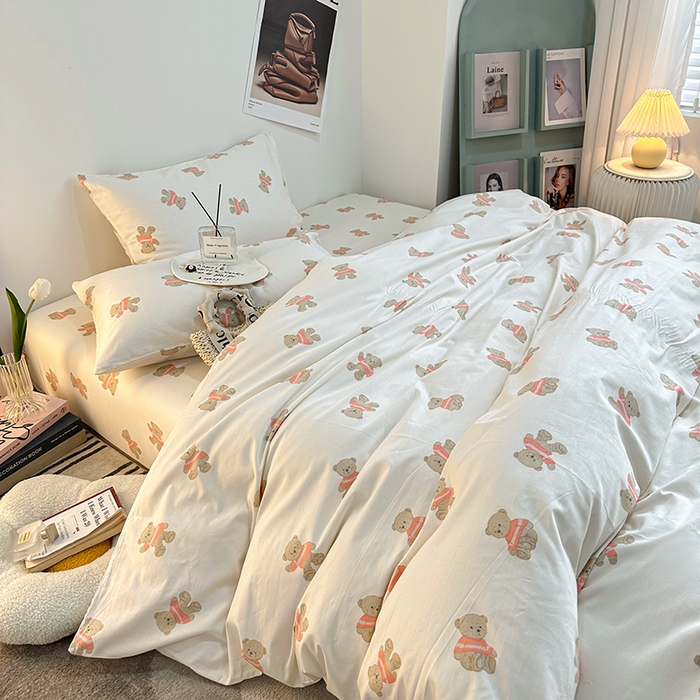 91家纺网 家纺一手货源 找家纺 一米阳光 2023新款13372小清新纯棉四件套 奶咖熊