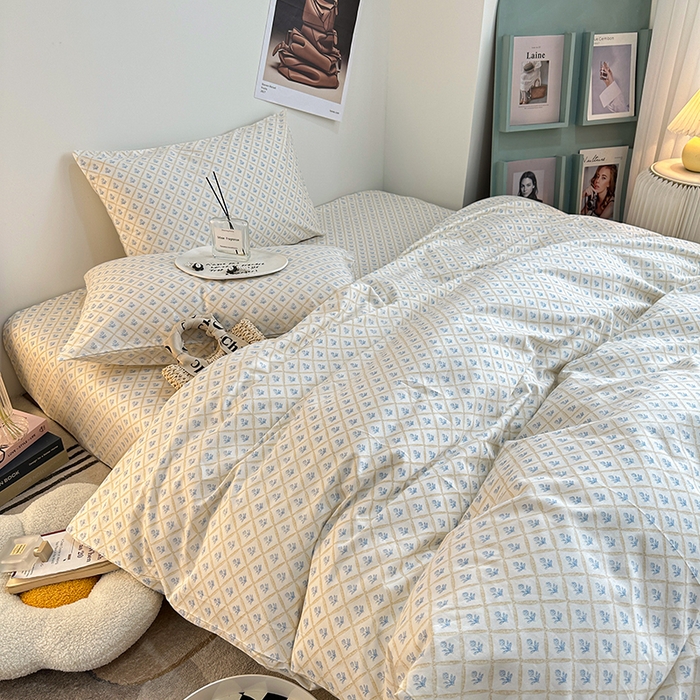 91家纺网 家纺一手货源 找家纺 一米阳光 2023新款13372小清新纯棉四件套 花露蓝