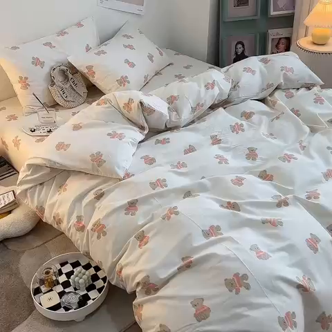 91家纺网 家纺一手货源 找家纺 一米阳光 2023新款13372小清新纯棉四件套 奶咖熊