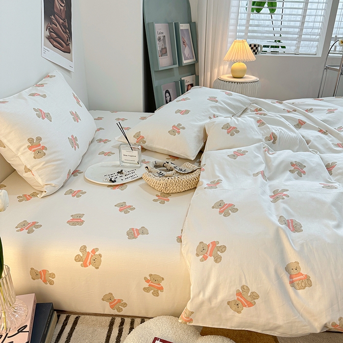 91家纺网 家纺一手货源 找家纺 一米阳光 2023新款13372小清新纯棉四件套 奶咖熊