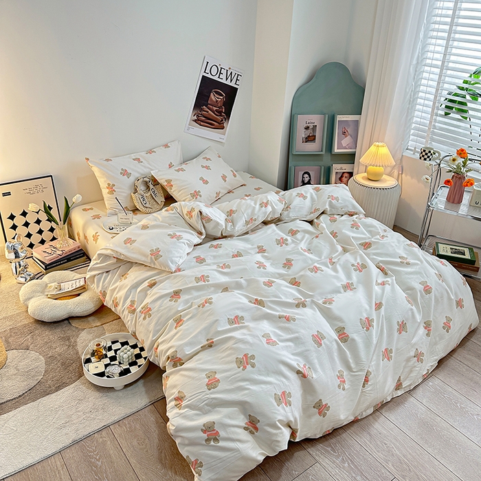 91家纺网 家纺一手货源 找家纺 一米阳光 2023新款13372小清新纯棉四件套 奶咖熊