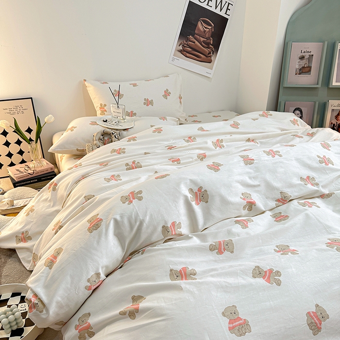 91家纺网 家纺一手货源 找家纺 一米阳光 2023新款13372小清新纯棉四件套 奶咖熊