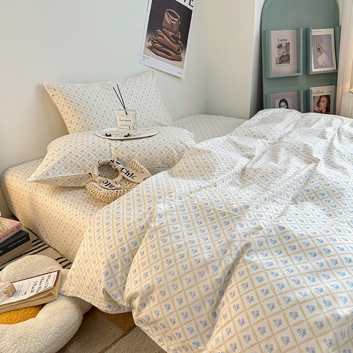 91家纺网 家纺一手货源 找家纺 一米阳光 2023新款13372小清新纯棉四件套 花露蓝