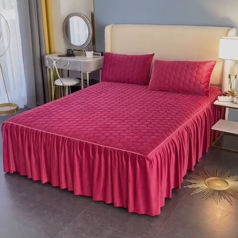 91家纺网 家纺一手货源 找家纺 胜权家纺 2023新款牛奶绒纯色夹棉单床裙单件保暖三件套席梦思床护垫 唯美-裸豆沙