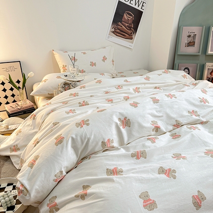 91家纺网 家纺一手货源 找家纺 一米阳光 2023新款13372小清新纯棉四件套 奶咖熊