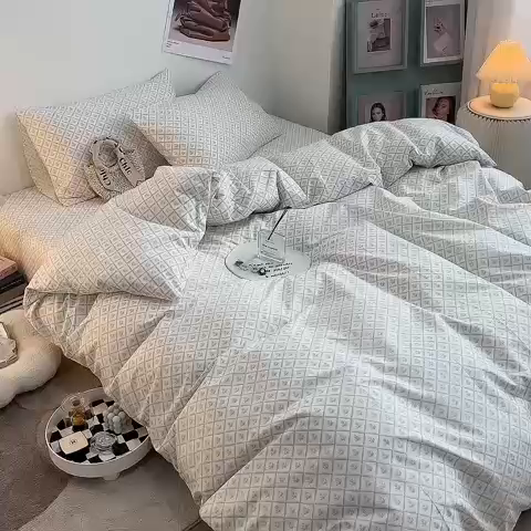 91家纺网 家纺一手货源 找家纺 一米阳光 2023新款13372小清新纯棉四件套 花露蓝