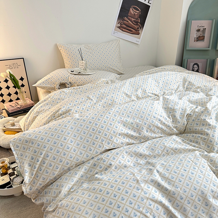 91家纺网 家纺一手货源 找家纺 一米阳光 2023新款13372小清新纯棉四件套 花露蓝