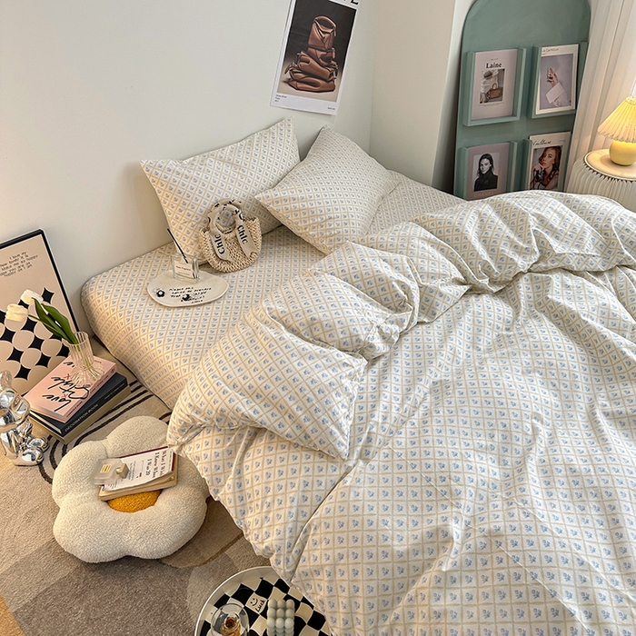 91家纺网 家纺一手货源 找家纺 一米阳光 2023新款13372小清新纯棉四件套 花露蓝