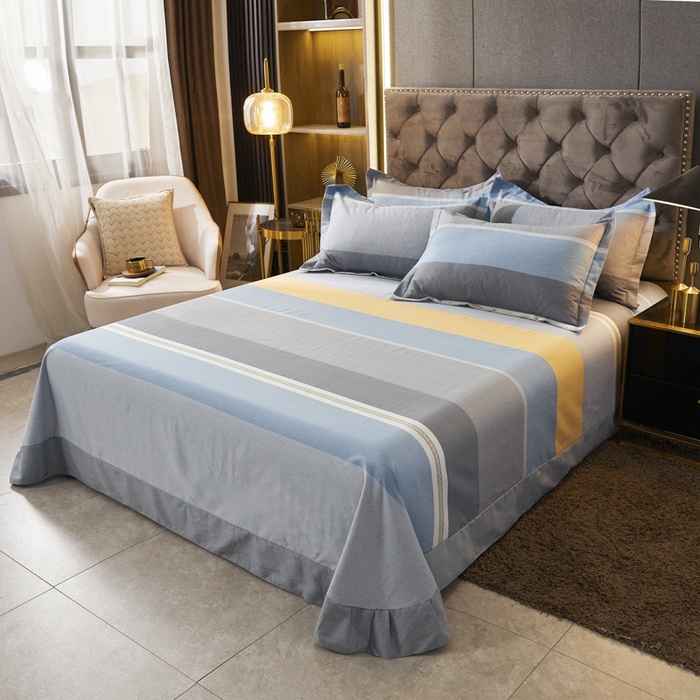 91家纺网 家纺一手货源 找家纺 伊而梦 2023新款全棉磨毛印花四件套系列单品床单 欧式条纹-蓝