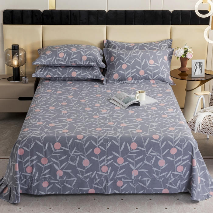 91家纺网 家纺一手货源 找家纺 伊而梦 2023新款全棉磨毛印花四件套系列单品床单 盛夏果实-灰