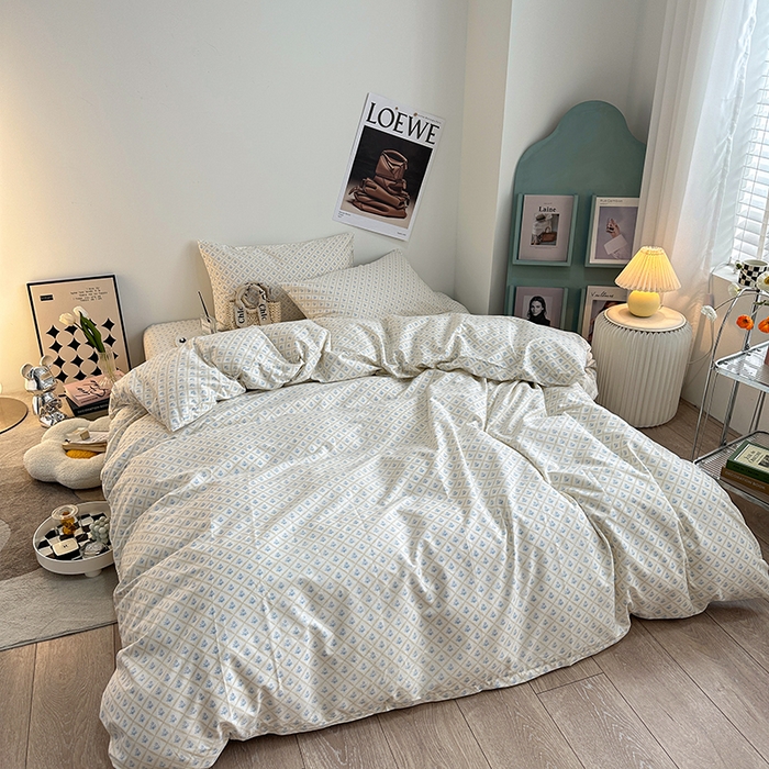 91家纺网 家纺一手货源 找家纺 一米阳光 2023新款13372小清新纯棉四件套 花露蓝