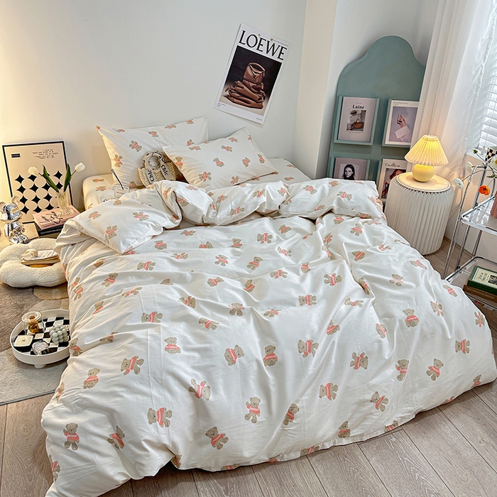 91家纺网 家纺一手货源 找家纺 一米阳光 2023新款13372小清新纯棉四件套 奶咖熊