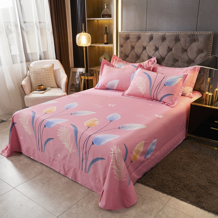 91家纺网 家纺一手货源 找家纺 伊而梦 2023新款全棉磨毛印花四件套系列单品床单 香兰草-粉