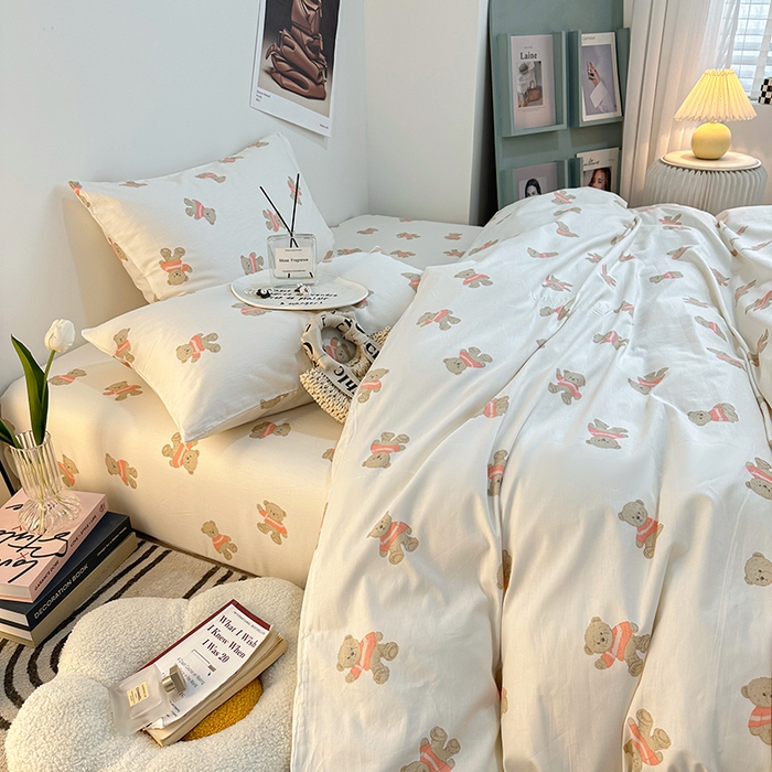 91家纺网 家纺一手货源 找家纺 一米阳光 2023新款13372小清新纯棉四件套 奶咖熊