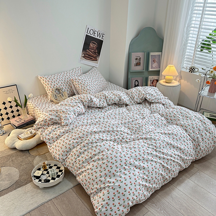 91家纺网 家纺一手货源 找家纺 一米阳光 2023新款13372小清新纯棉四件套 小朵朵