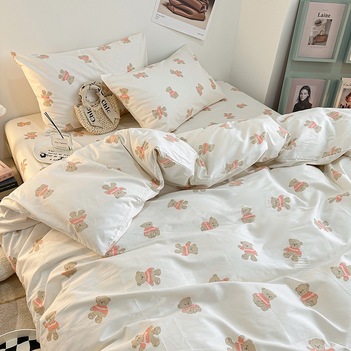 91家纺网 家纺一手货源 找家纺 一米阳光 2023新款13372小清新纯棉四件套 奶咖熊