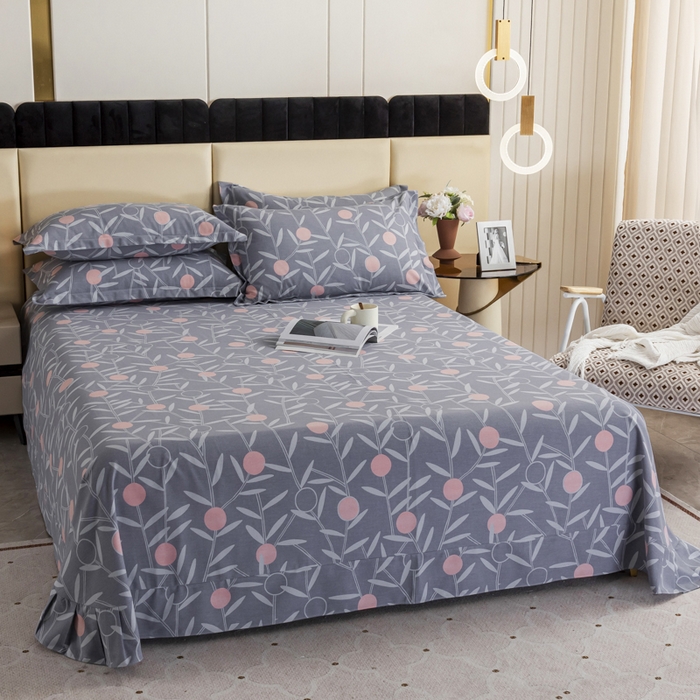 91家纺网 家纺一手货源 找家纺 伊而梦 2023新款全棉磨毛印花四件套系列单品床单 盛夏果实-灰