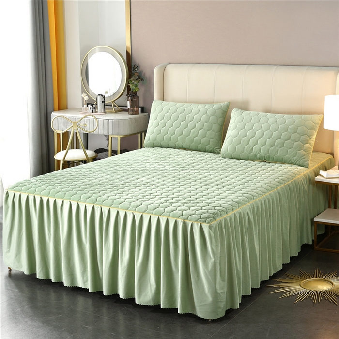 91家纺网 家纺一手货源 找家纺 胜权家纺 2023新款牛奶绒纯色夹棉单床裙单件保暖三件套席梦思床护垫 唯美-浅石绿