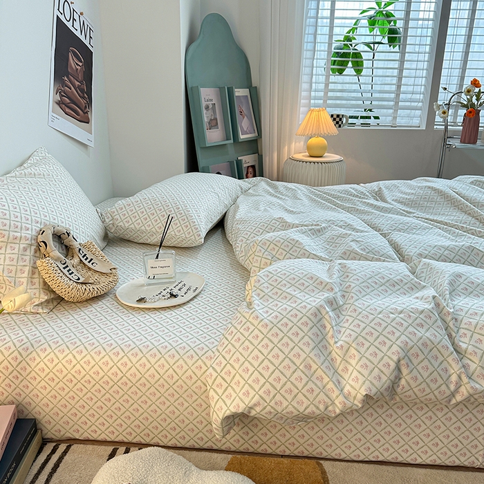 91家纺网 家纺一手货源 找家纺 一米阳光 2023新款13372小清新纯棉四件套 花露红