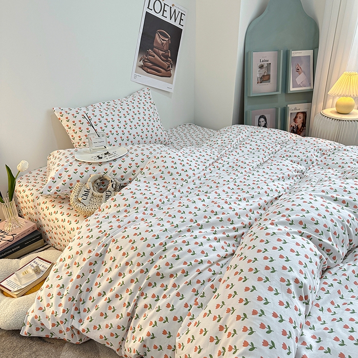 91家纺网 家纺一手货源 找家纺 一米阳光 2023新款13372小清新纯棉四件套 小朵朵