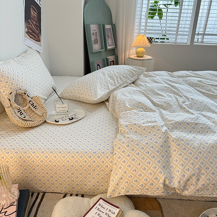 91家纺网 家纺一手货源 找家纺 一米阳光 2023新款13372小清新纯棉四件套 花露蓝