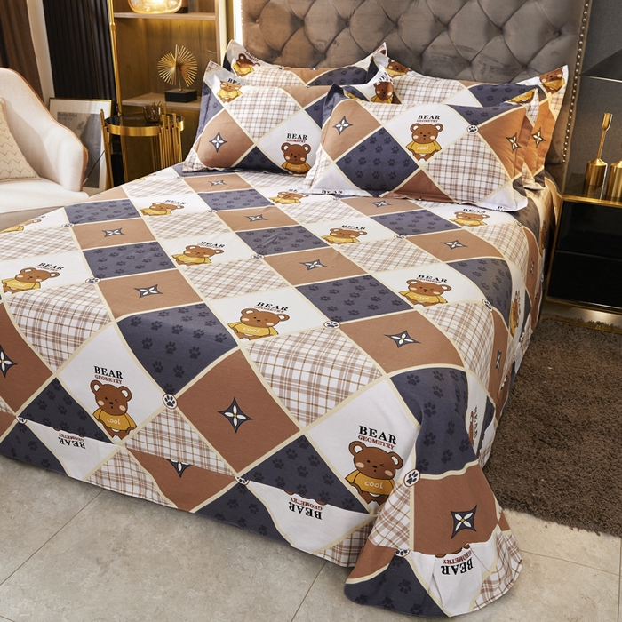 91家纺网 家纺一手货源 找家纺 伊而梦 2023新款全棉磨毛印花四件套系列单品床单 芭拉小熊-咖