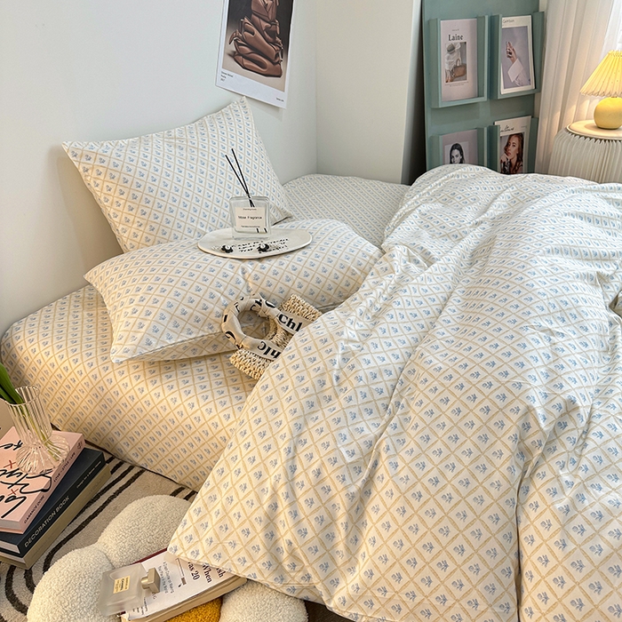 91家纺网 家纺一手货源 找家纺 一米阳光 2023新款13372小清新纯棉四件套 花露蓝