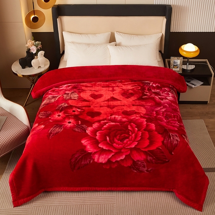 91家纺网 家纺一手货源 找家纺 尚品凤凰2025新款拉舍尔毛毯4-12斤CC655大红红双喜