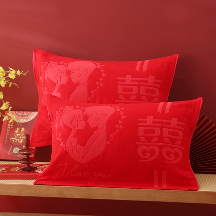 91家纺网 家纺一手货源 找家纺 （总）朴尔家纺-毛巾被 2023新款结婚枕巾红色枕头巾纯棉一对装陪嫁全棉纱布新婚婚庆大红枕头垫巾