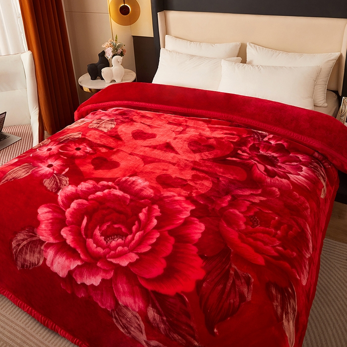 91家纺网 家纺一手货源 找家纺 尚品凤凰2025新款拉舍尔毛毯4-12斤CC655大红红双喜