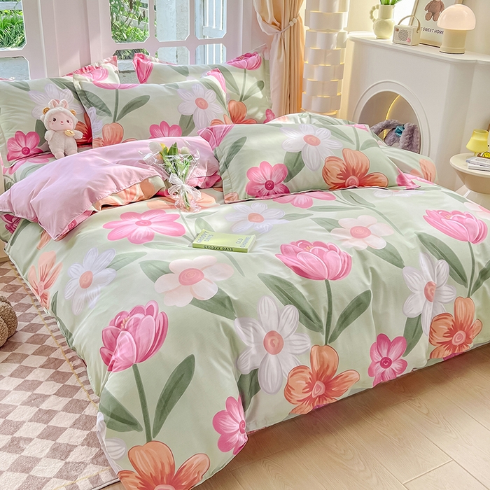 91家纺网 家纺一手货源 找家纺 绵庭家纺 2023新款12868系列全棉小清新印花四件套 荷花映红